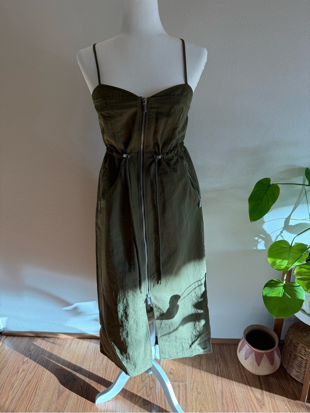Olive Nylon Zip-Front Midi Dress with Adjustable Spaghetti Straps NWT